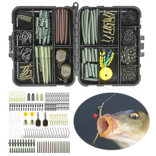217-Piece Carp Fishing Kit – Swivels, Clips, Tail Sleeves & Terminal Tackle Set with Compact Box for Rig Setup