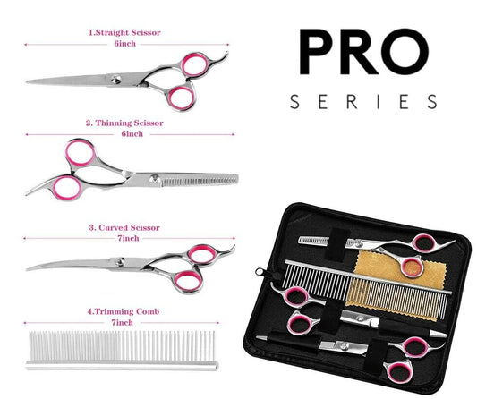 Professional Pet Grooming Scissors Kit – Straight, Curved, Thinning Shears & Comb with Case (Stainless Steel)
