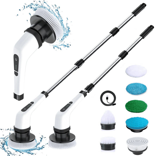Electric Spin Scrubber Kit – Cordless Power Brush with 8 Replaceable Heads & Long Handle (12–54in), IPX7 Waterproof, 2 Speeds