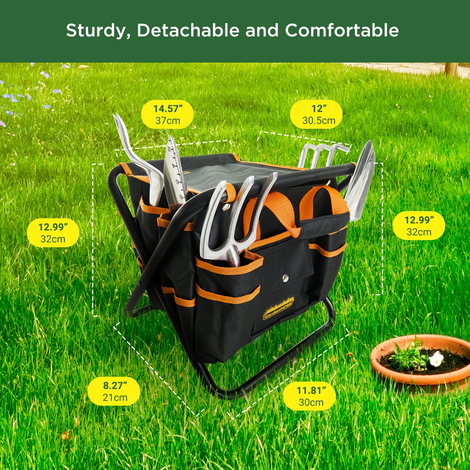 7-Piece Stainless Steel Gardening Tool Set with Foldable Stool and Detachable Carrying Bag – Orange